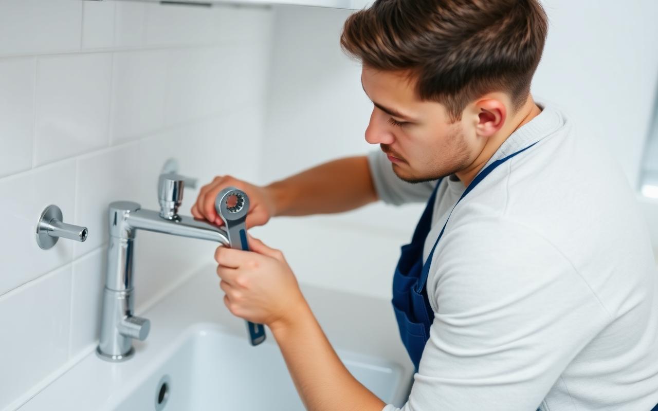 Plumber fitting a chrome mixer tap